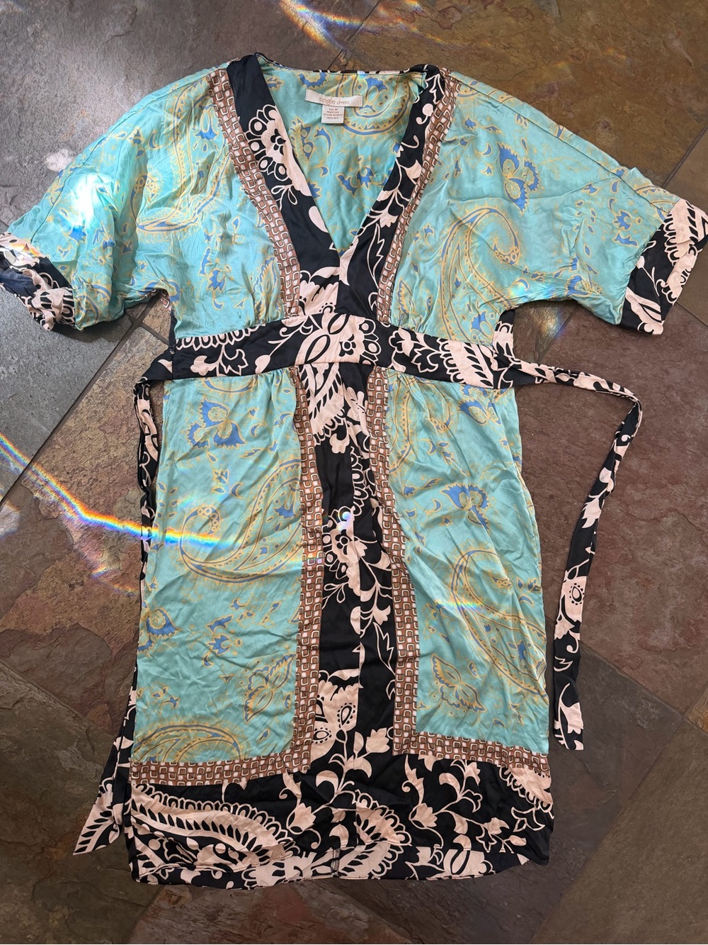 Dress 100% silk with Black Floral Trim Sz medium   Beautiful blues. Pull on.